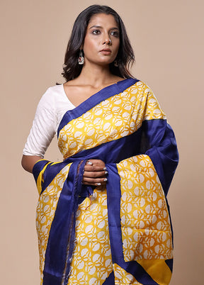 Blue Printed Pure Silk Saree Without Blouse Piece