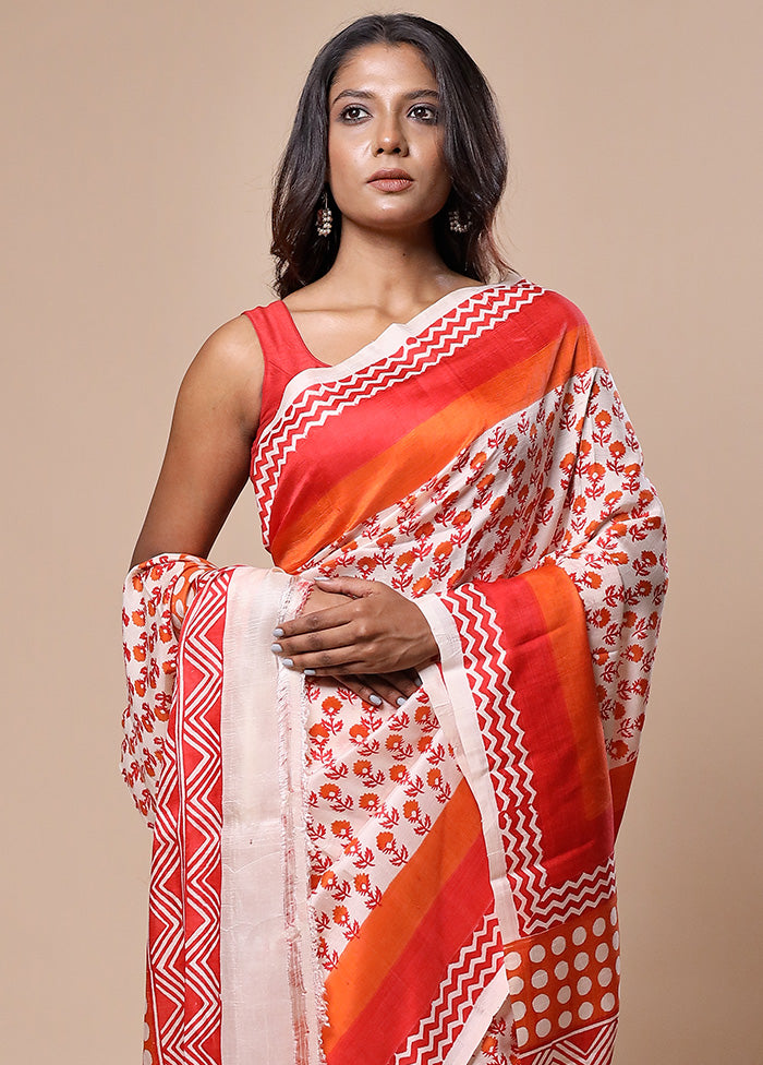 White Printed Pure Silk Saree Without Blouse Piece