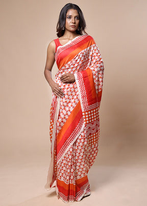 White Printed Pure Silk Saree Without Blouse Piece