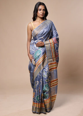 Blue Handloom Tussar Pure Silk Saree With Blouse Piece