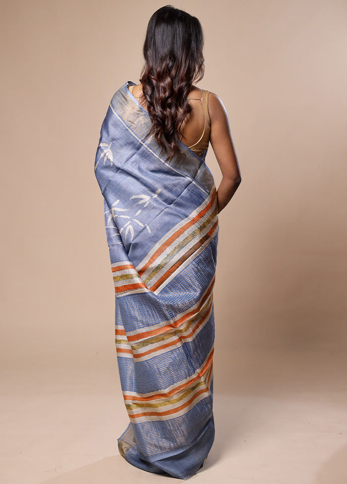 Blue Handloom Tussar Pure Silk Saree With Blouse Piece