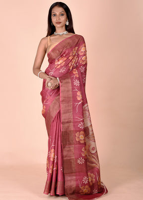 Pink Handloom Tussar Pure Silk Saree With Blouse Piece