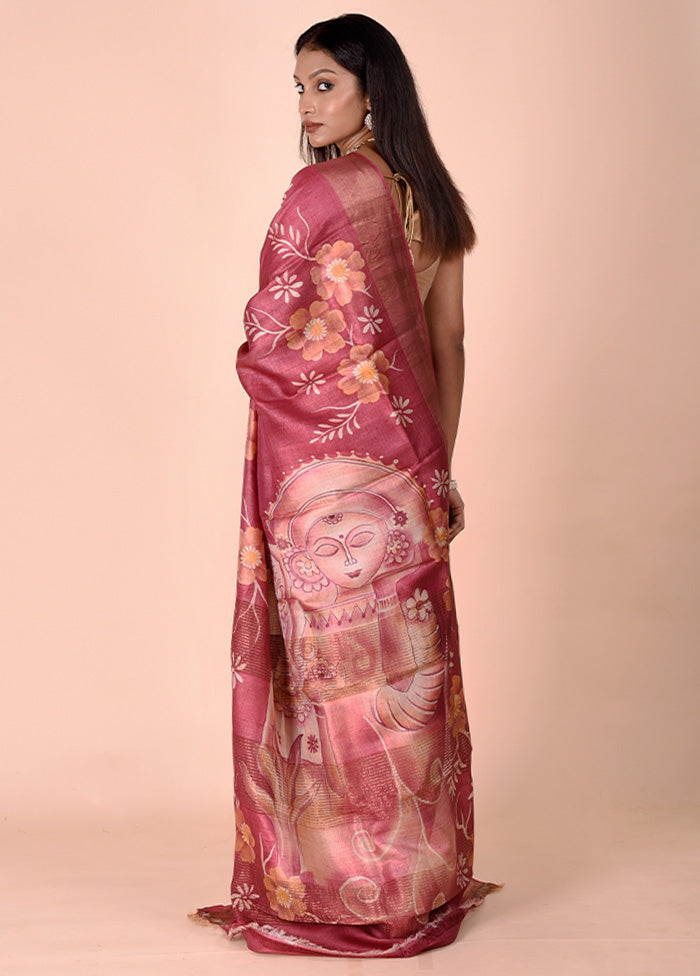 Pink Handloom Tussar Pure Silk Saree With Blouse Piece