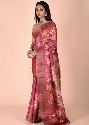 Pink Handloom Tussar Pure Silk Saree With Blouse Piece