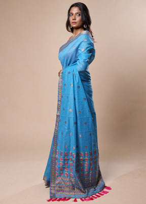 Blue Assam Silk Saree With Blouse Piece