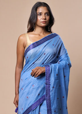 Blue Assam Silk Saree With Blouse Piece