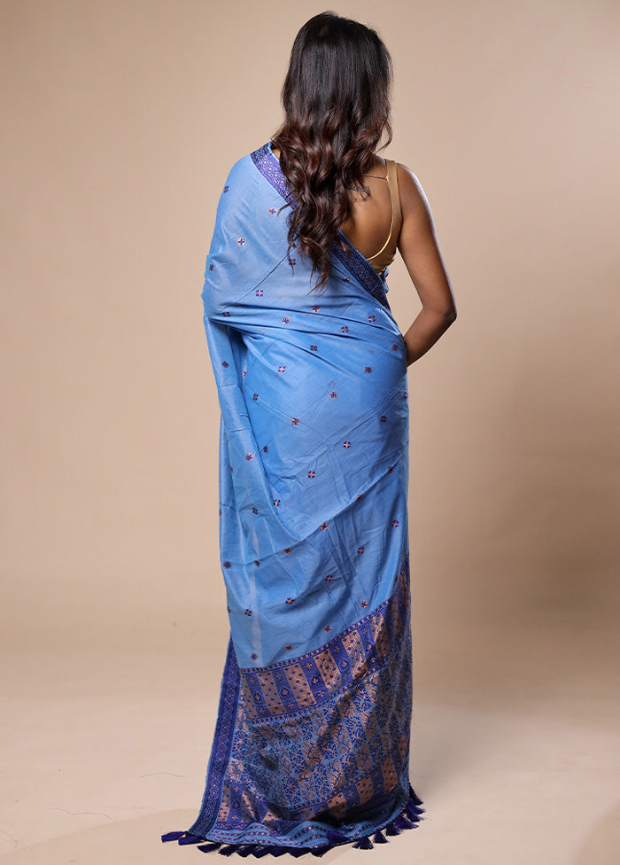 Blue Assam Silk Saree With Blouse Piece