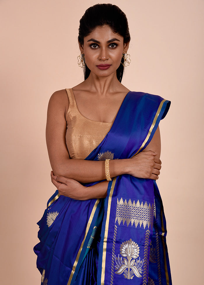 Blue Katan Silk Saree With Blouse Piece