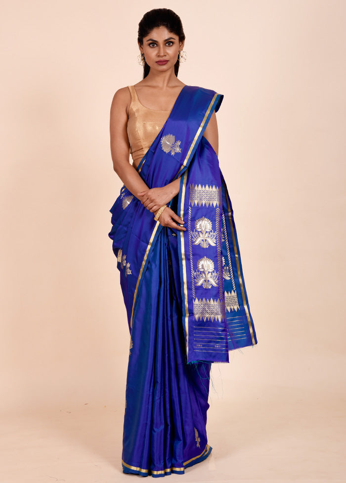 Blue Katan Silk Saree With Blouse Piece