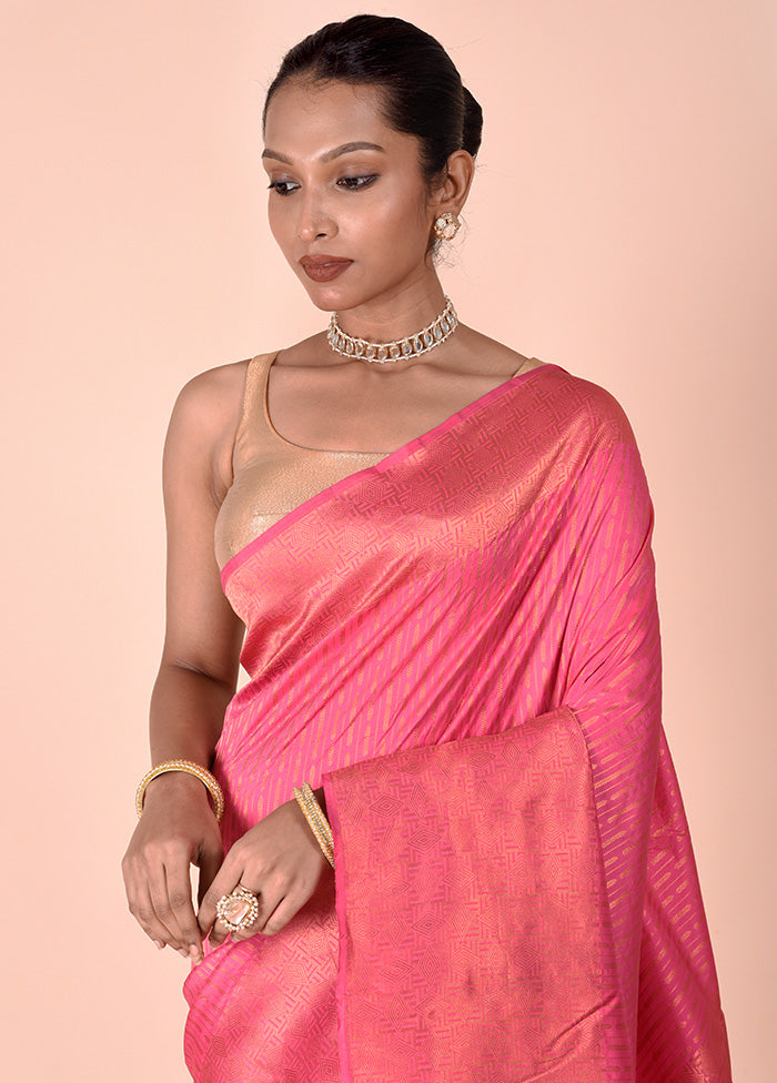 Pink Handloom Kanjivaram Pure Silk Saree With Blouse Piece