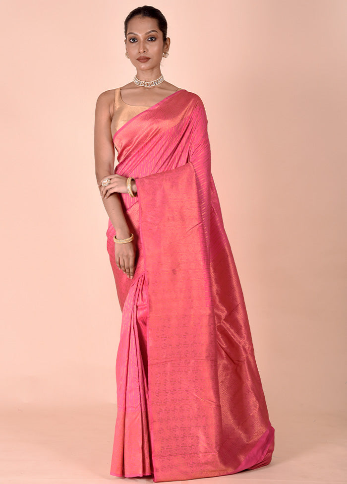 Pink Handloom Kanjivaram Pure Silk Saree With Blouse Piece