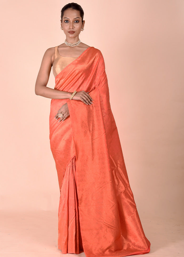 Orange Handloom Kanjivaram Pure Silk Saree With Blouse Piece