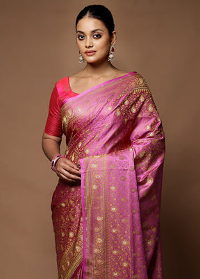 Pink Handloom Tanchoi Pure Silk Saree With Blouse Piece