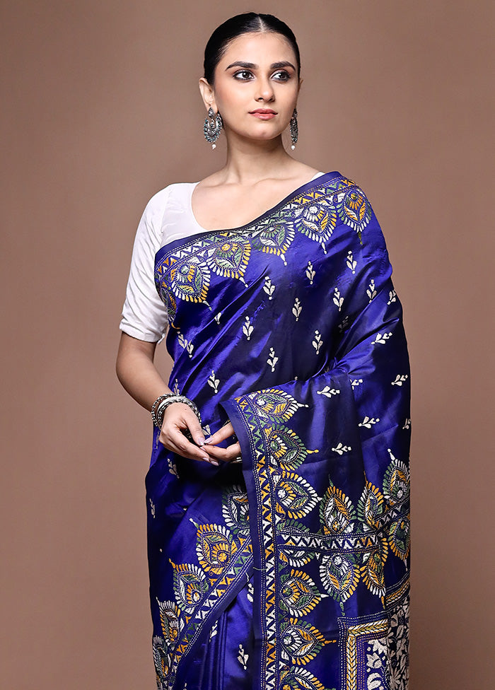 Blue Handloom Kantha Stitch Pure Silk Saree With Blouse Piece