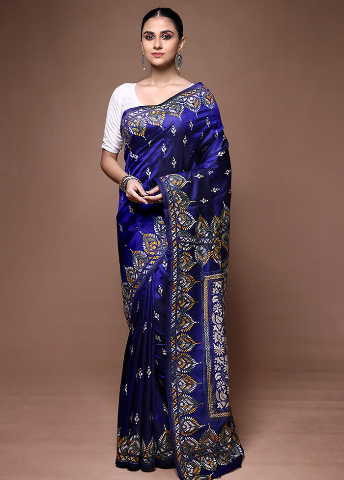 Blue Handloom Kantha Stitch Pure Silk Saree With Blouse Piece