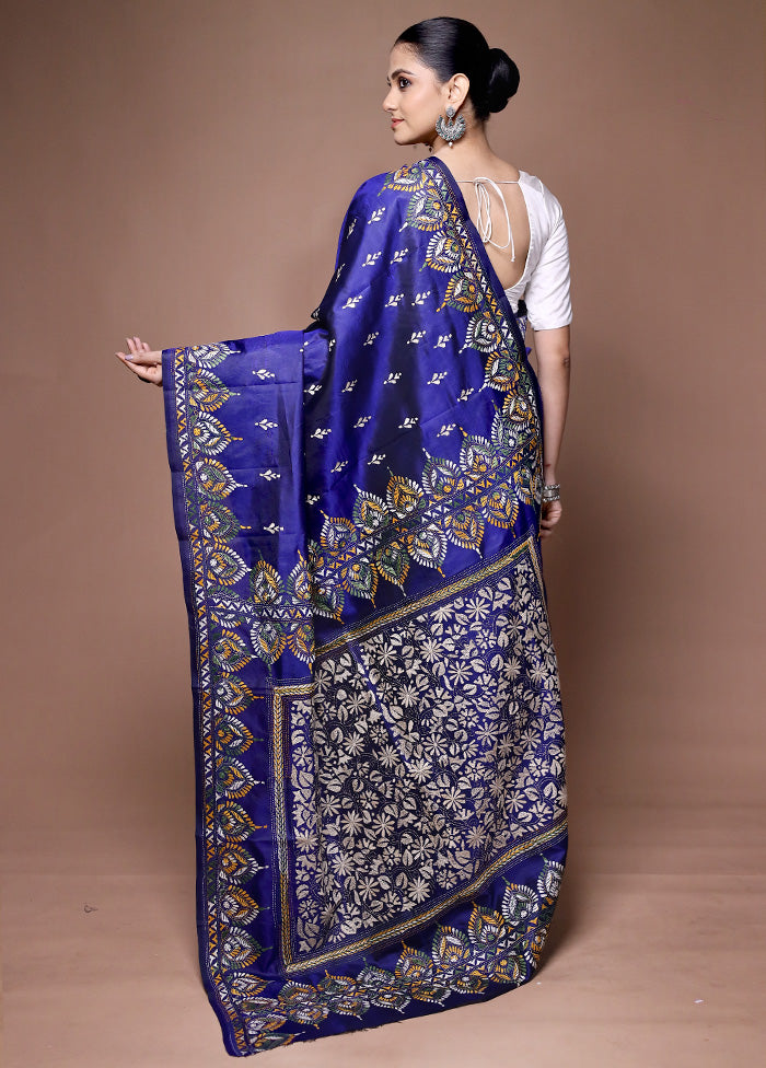 Blue Handloom Kantha Stitch Pure Silk Saree With Blouse Piece