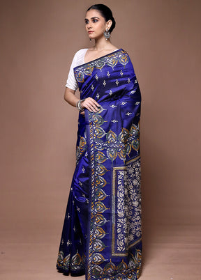 Blue Handloom Kantha Stitch Pure Silk Saree With Blouse Piece