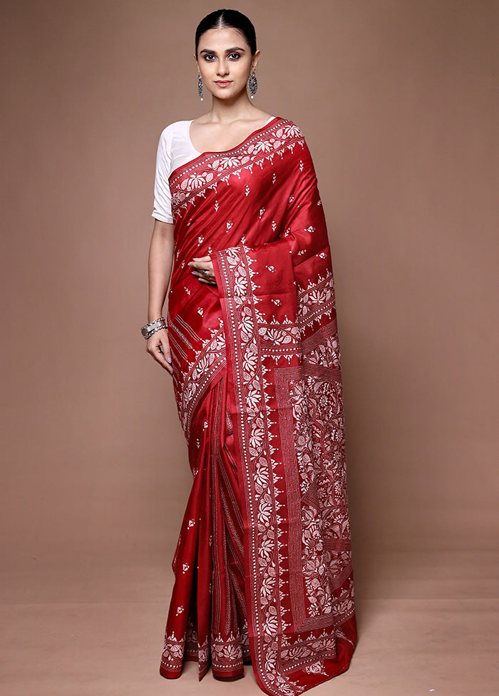 Red Handloom Kantha Stitch Pure Silk Saree With Blouse Piece