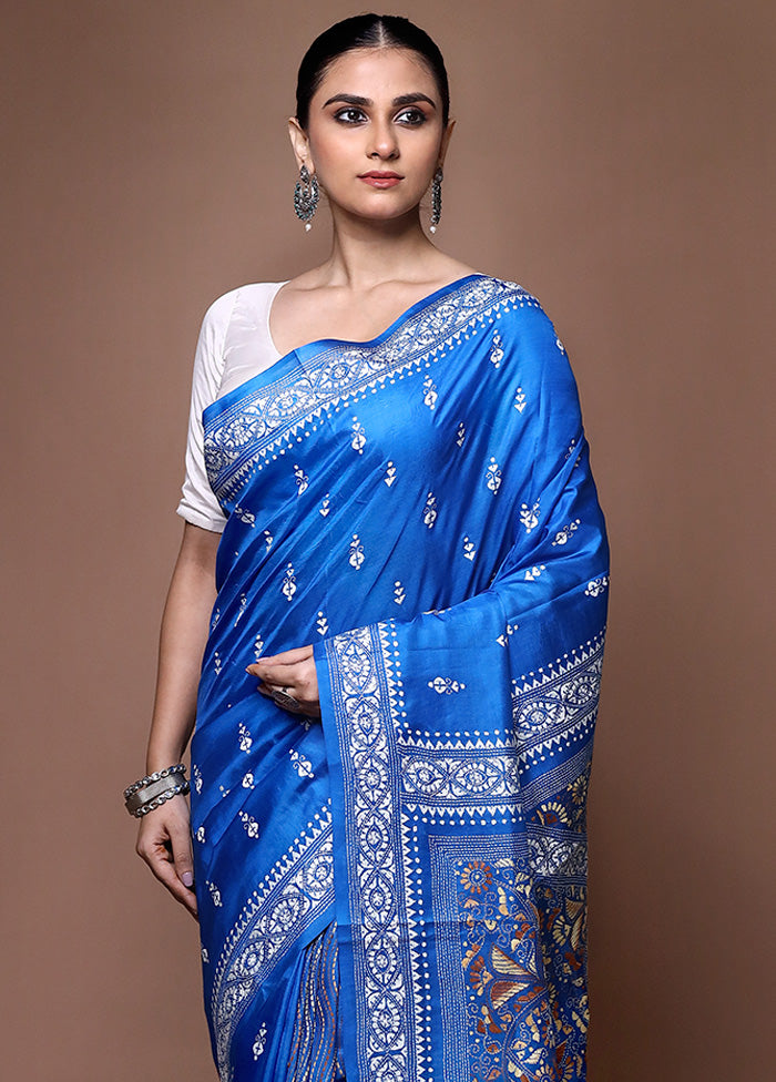 Blue Handloom Kantha Stitch Pure Silk Saree With Blouse Piece