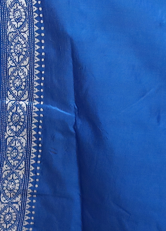 Blue Handloom Kantha Stitch Pure Silk Saree With Blouse Piece