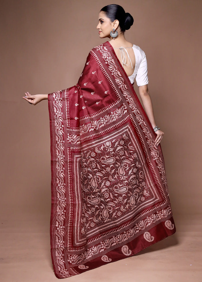 Maroon Handloom Kantha Stitch Pure Silk Saree With Blouse Piece