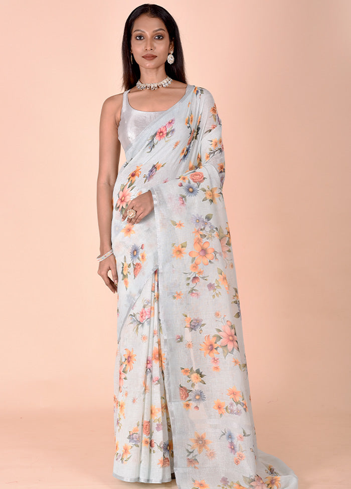 Sky blue Linen Silk Saree With Blouse Piece