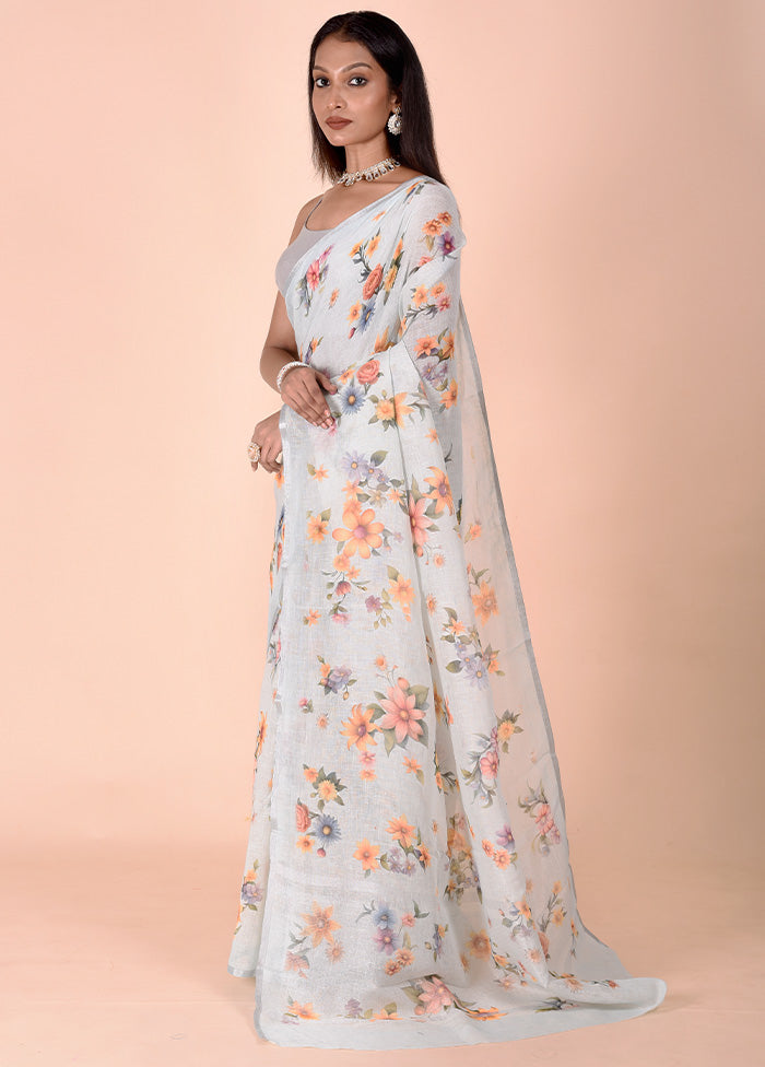 Sky blue Linen Silk Saree With Blouse Piece