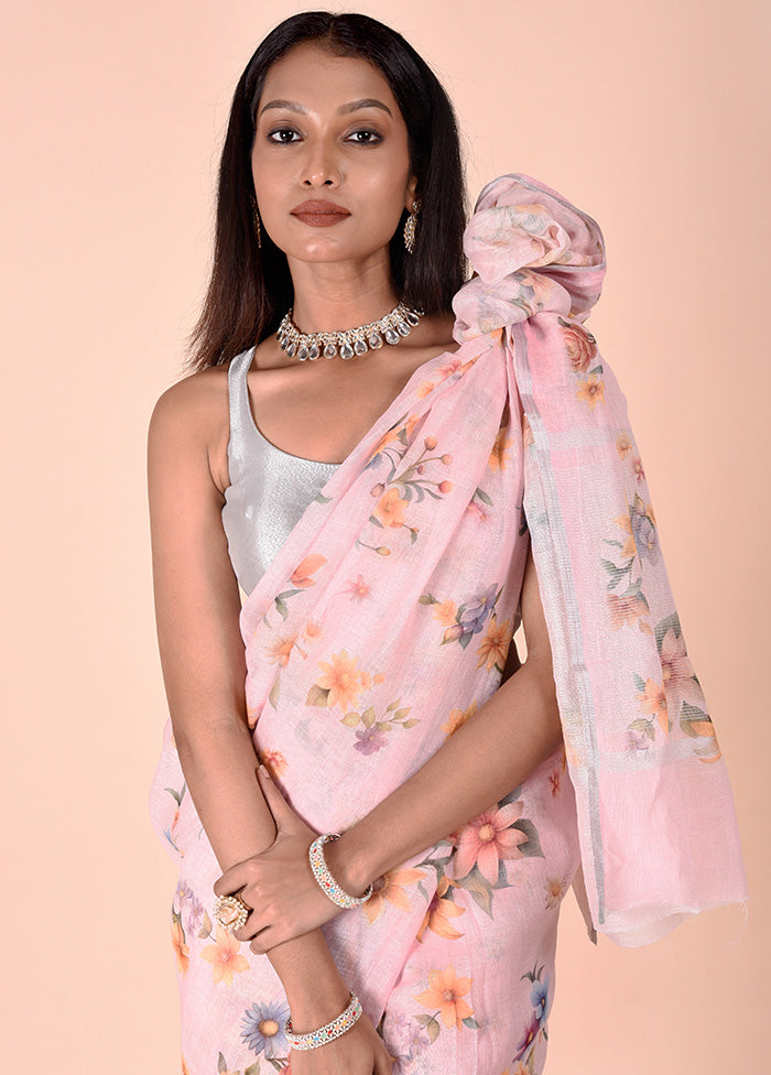 Pink Linen Silk Saree With Blouse Piece