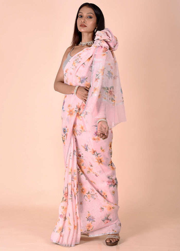 Pink Linen Silk Saree With Blouse Piece