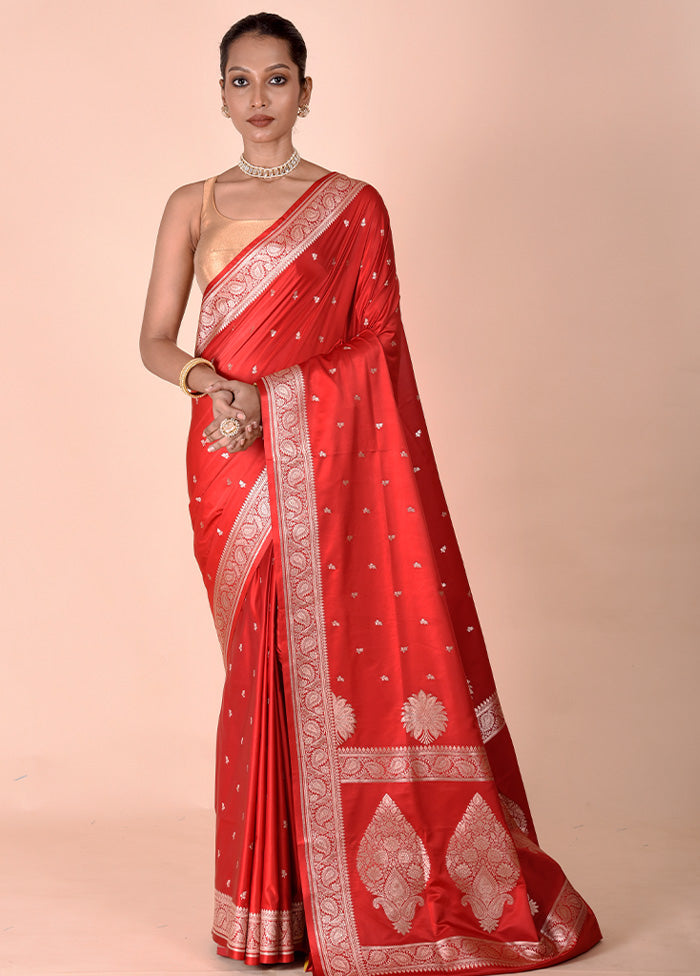 Red Banarasi Silk Saree With Blouse Piece