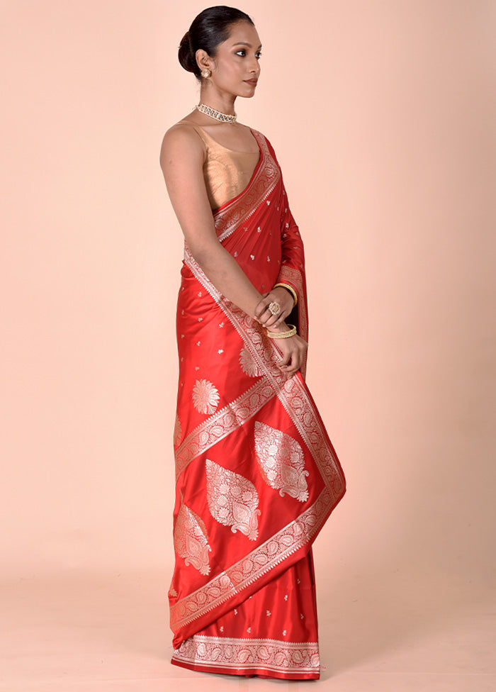 Red Banarasi Silk Saree With Blouse Piece