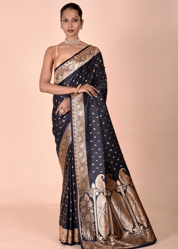 Black Banarasi Silk Saree With Blouse Piece