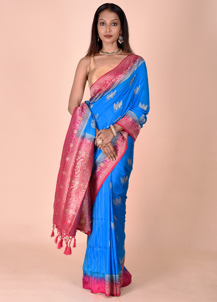 Blue Dupion Silk Saree With Blouse Piece