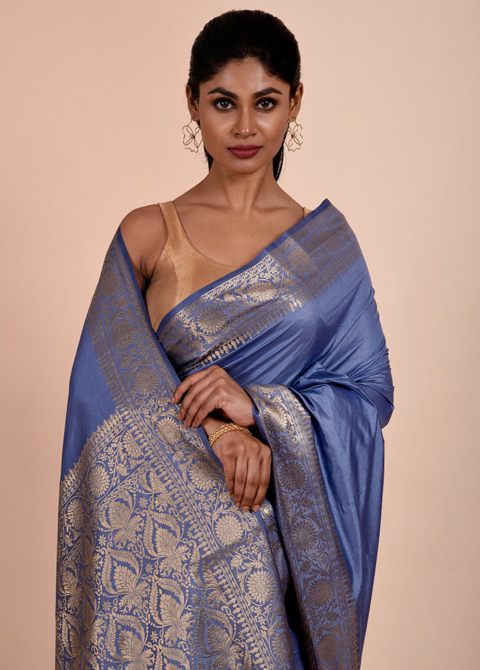 Blue Dupion Silk Saree With Blouse Piece