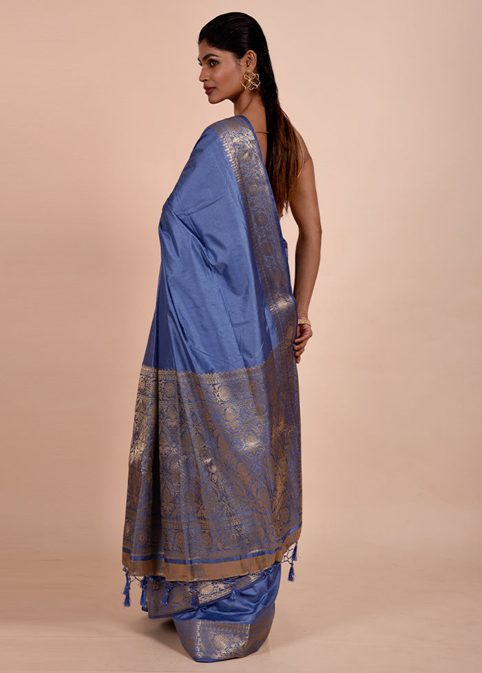 Blue Dupion Silk Saree With Blouse Piece