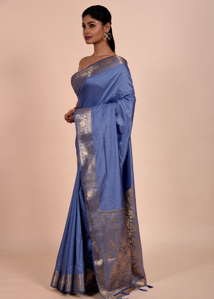 Blue Dupion Silk Saree With Blouse Piece