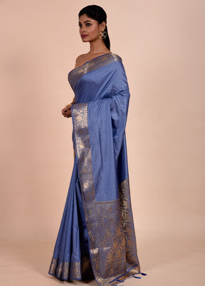 Blue Dupion Silk Saree With Blouse Piece