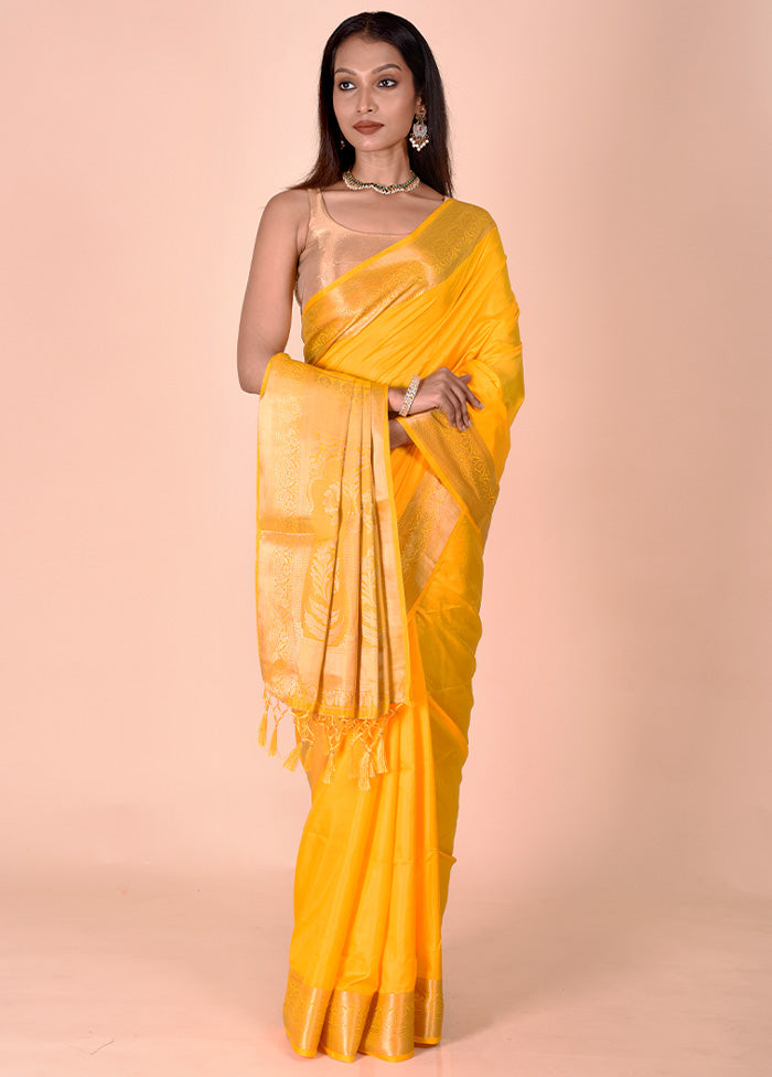 Yellow Dupion Silk Saree With Blouse Piece