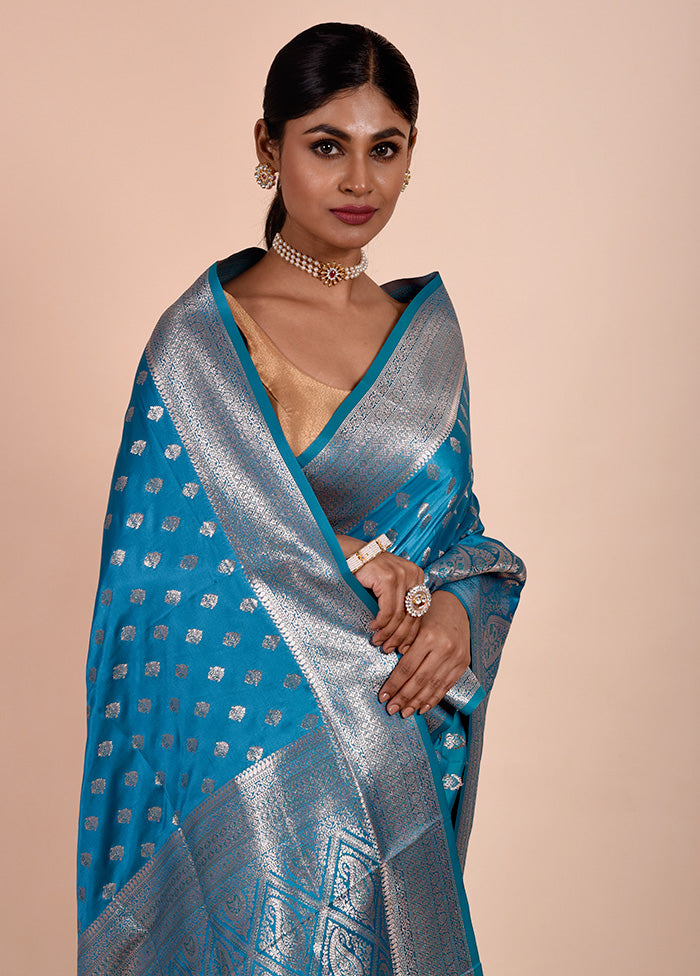 Blue Banarasi Silk Saree With Blouse Piece