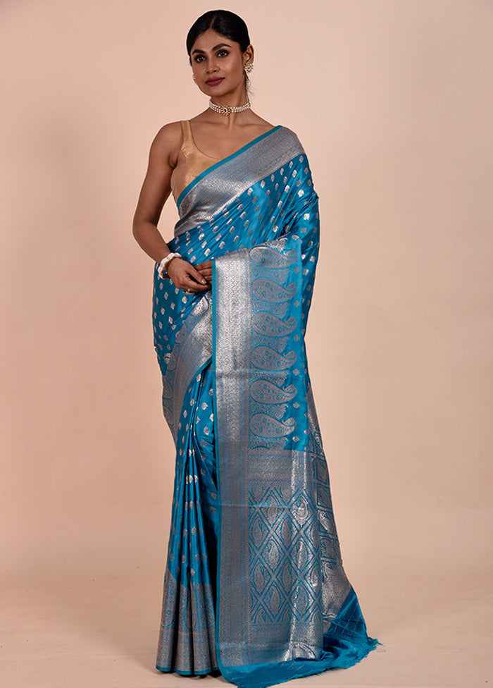 Blue Banarasi Silk Saree With Blouse Piece