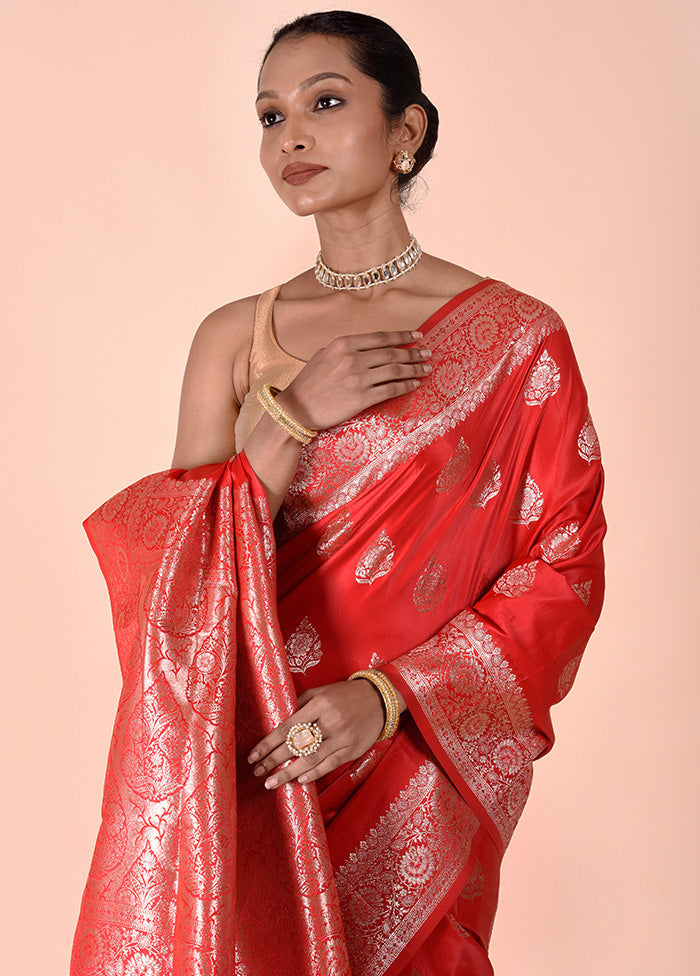 Red Banarasi Silk Saree With Blouse Piece