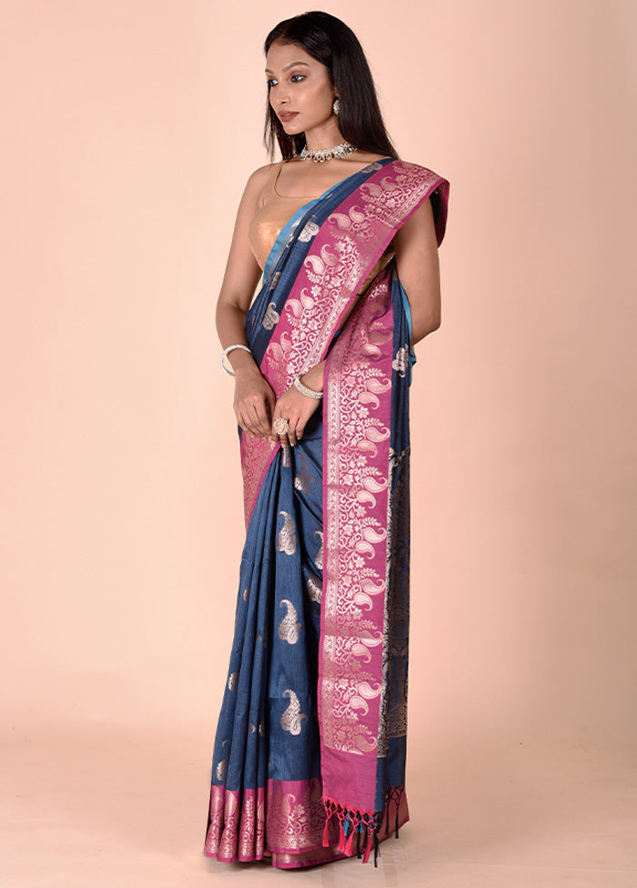 Blue Cotton Saree With Blouse Piece