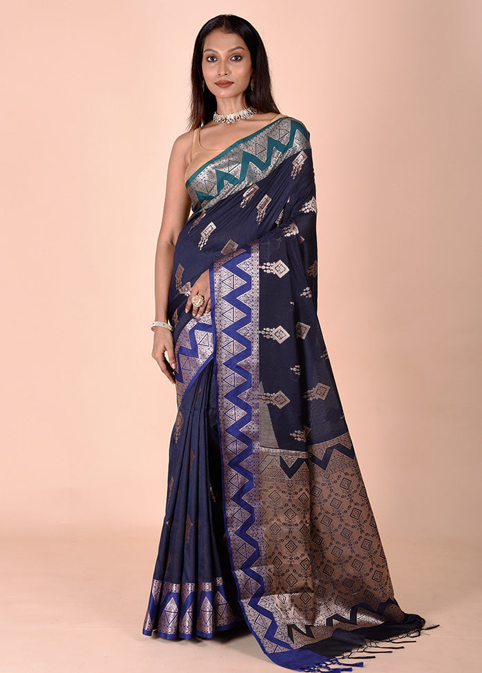 Blue Cotton Saree With Blouse Piece