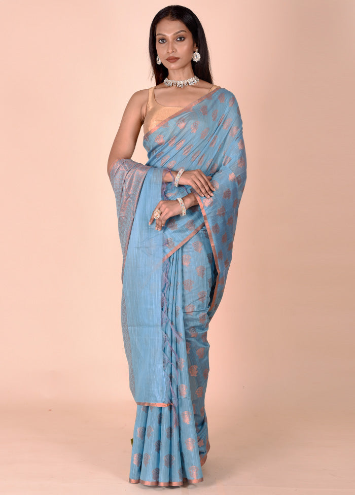 Blue Kora Silk Saree With Blouse Piece