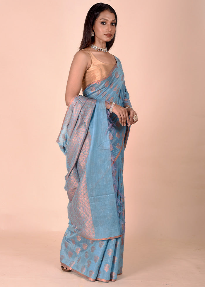 Blue Kora Silk Saree With Blouse Piece