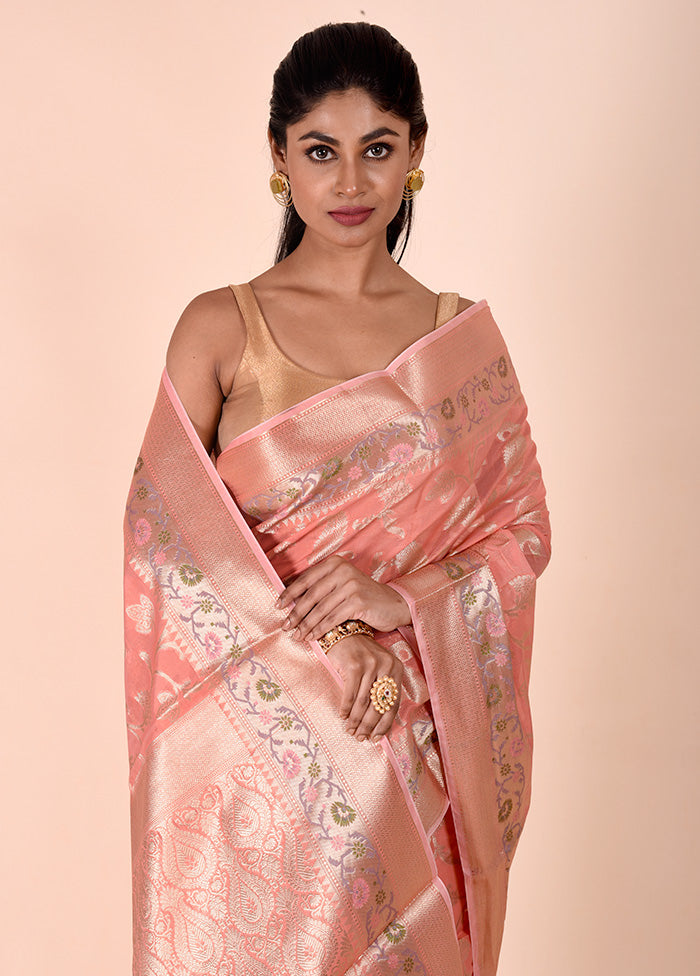 Peach Kota Cotton Saree With Blouse Piece