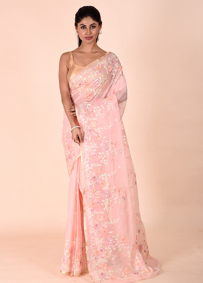 Baby Pink Organza Saree With Blouse Piece