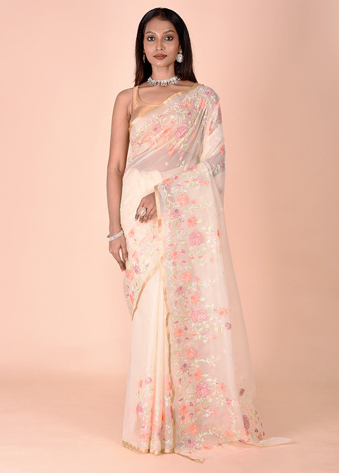 Cream Organza Saree With Blouse Piece