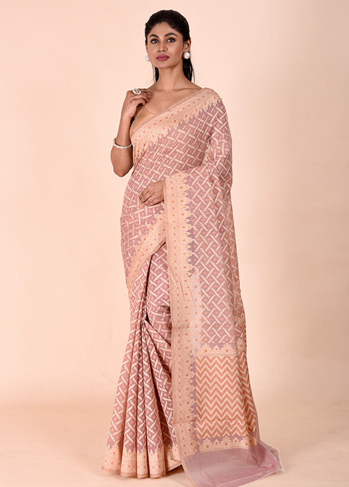 Peach Kora Silk Saree With Blouse Piece