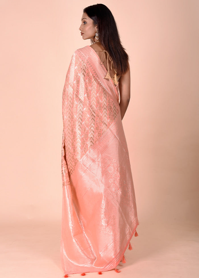 Peach Kora Silk Saree With Blouse Piece